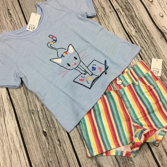 Gap Girls 18 24 Months Kitten Shirt & Rainbow Denim Shorts Outfit - Picture 2 of 5